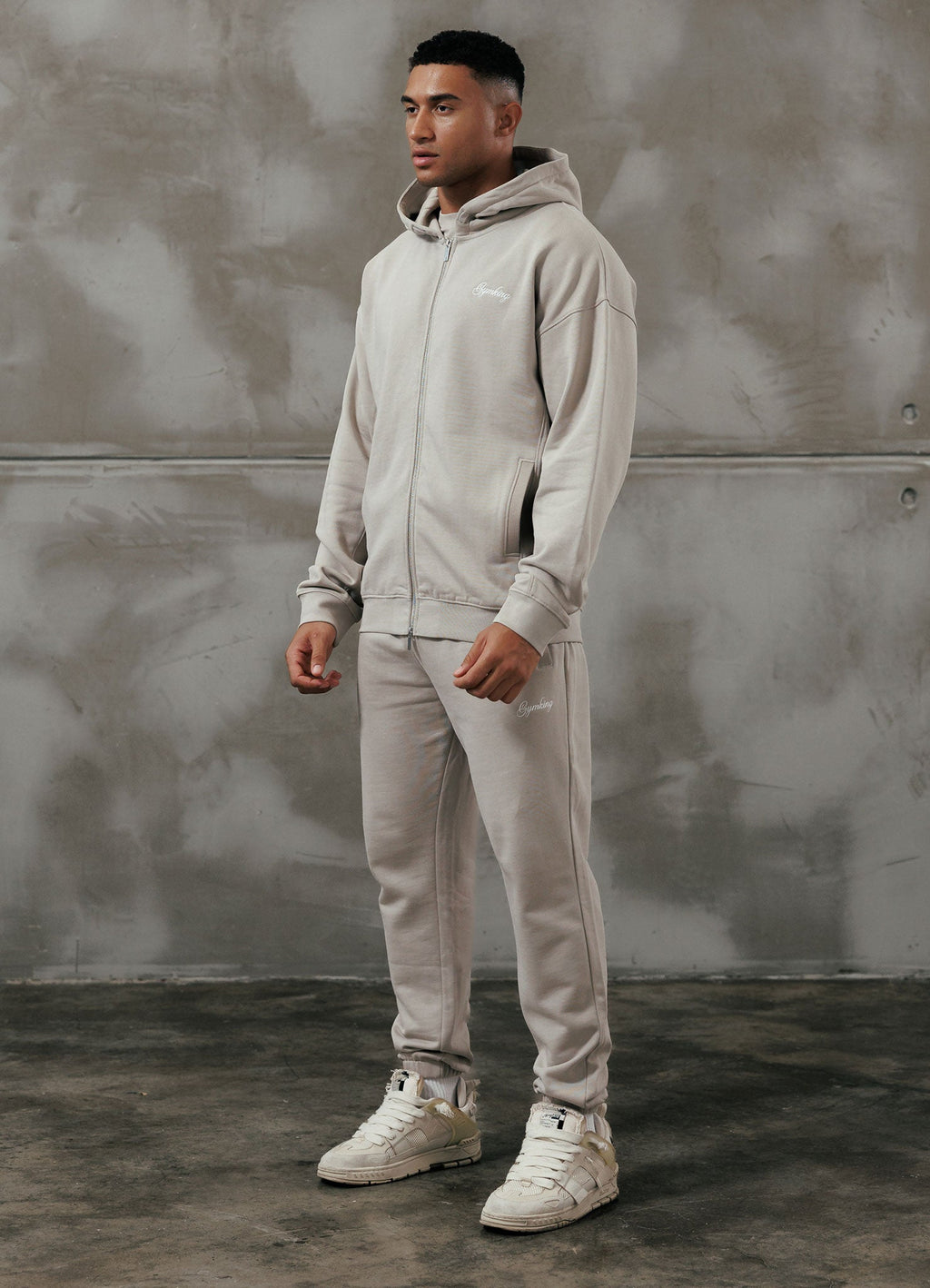 Gym King Script Relaxed Fit Full Zip Hoodie - Light Sand