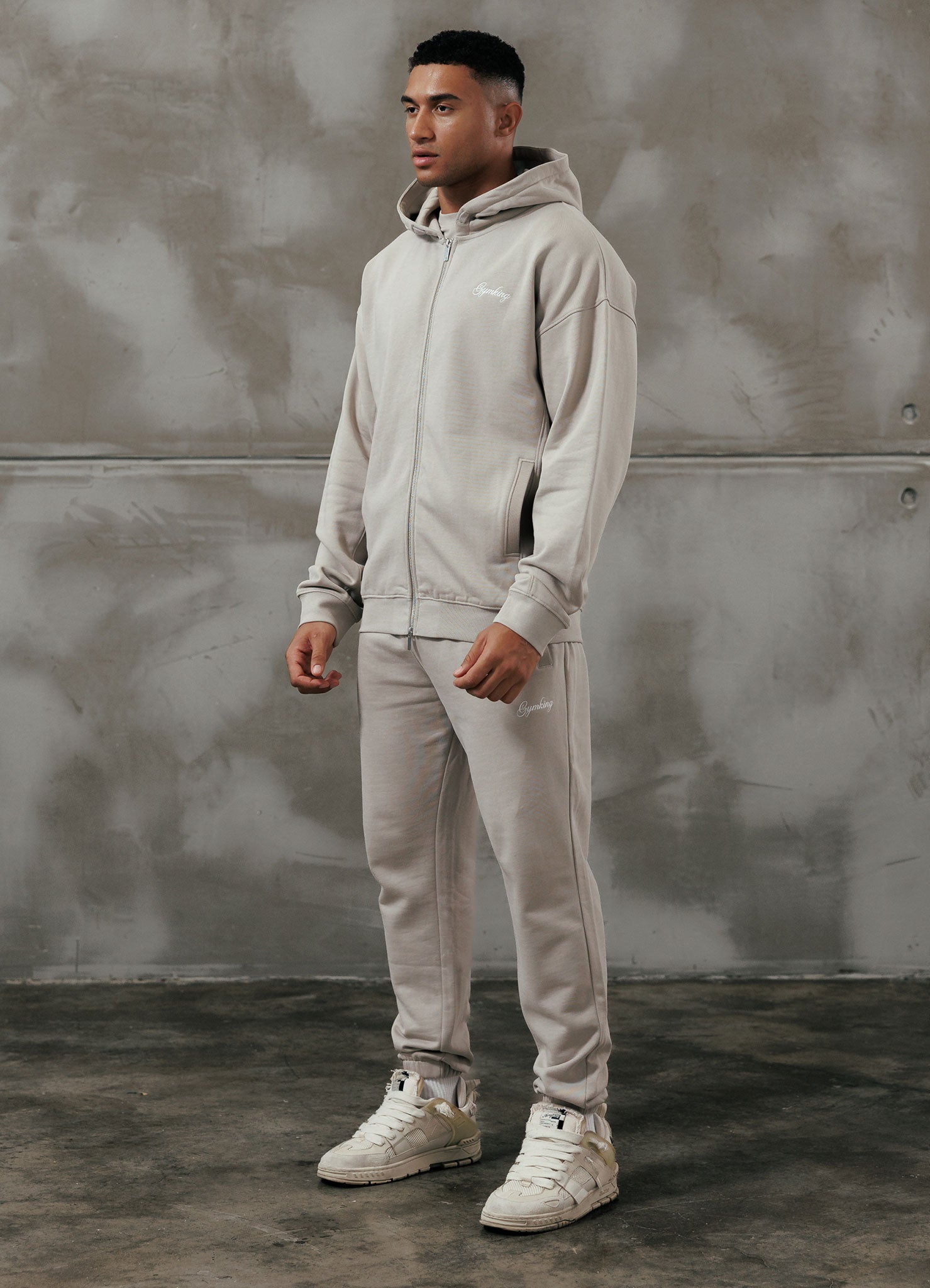 Gym King Script Relaxed Fit Full Zip Hoodie - Light Sand