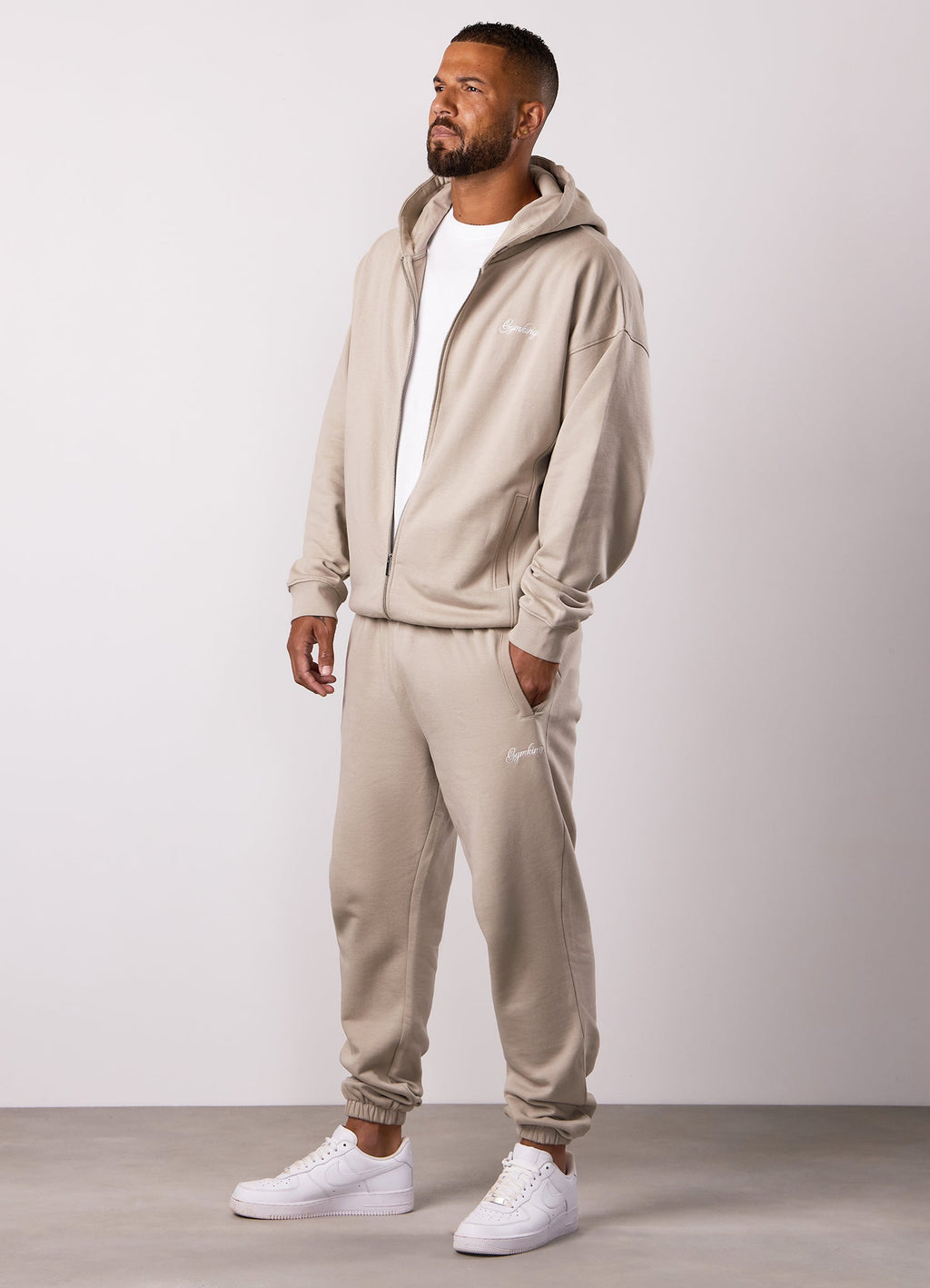 Gym King Script Relaxed Fit Full Zip Hoodie - Light Sand
