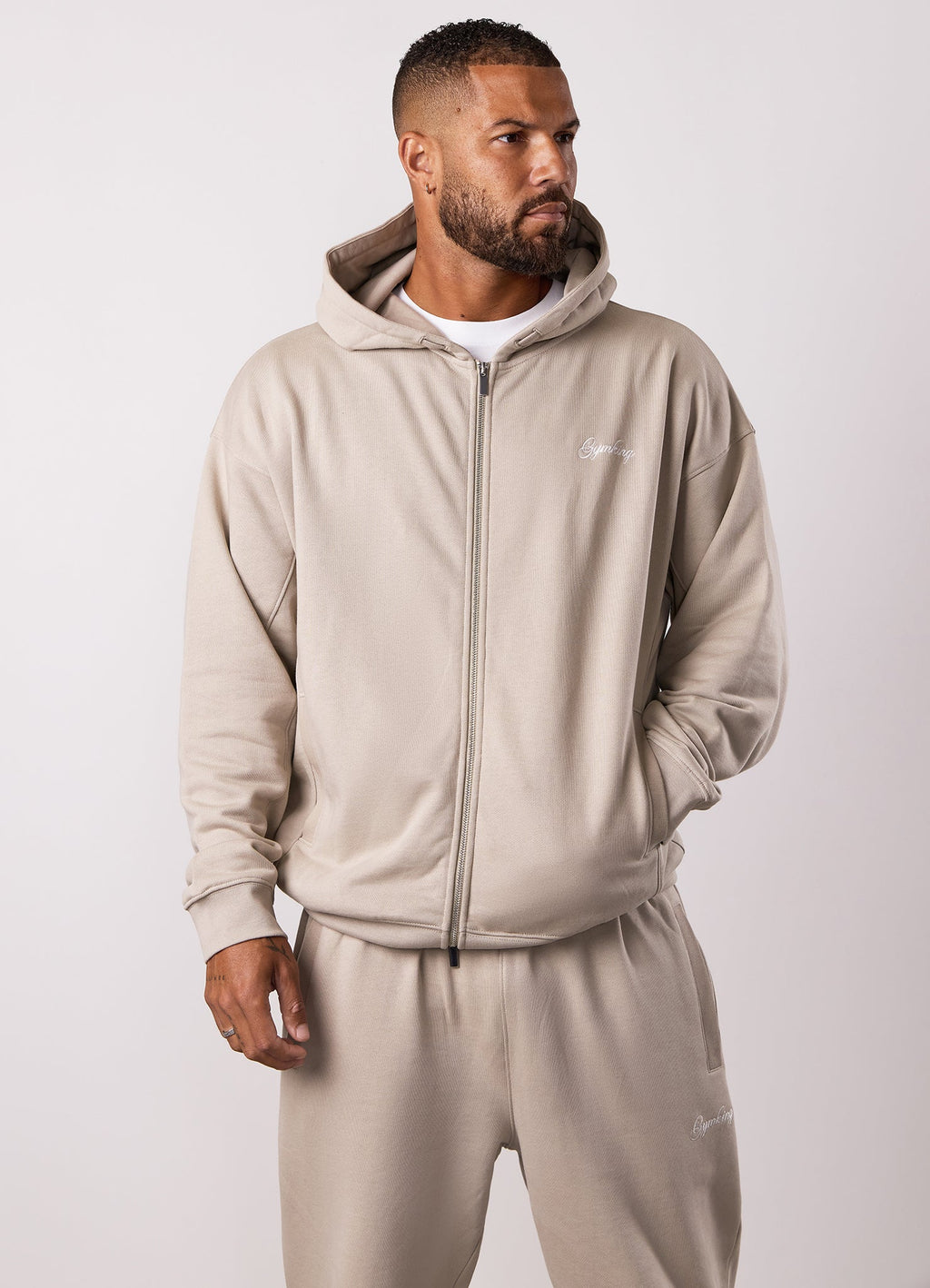 Gym King Script Relaxed Fit Full Zip Hoodie - Light Sand