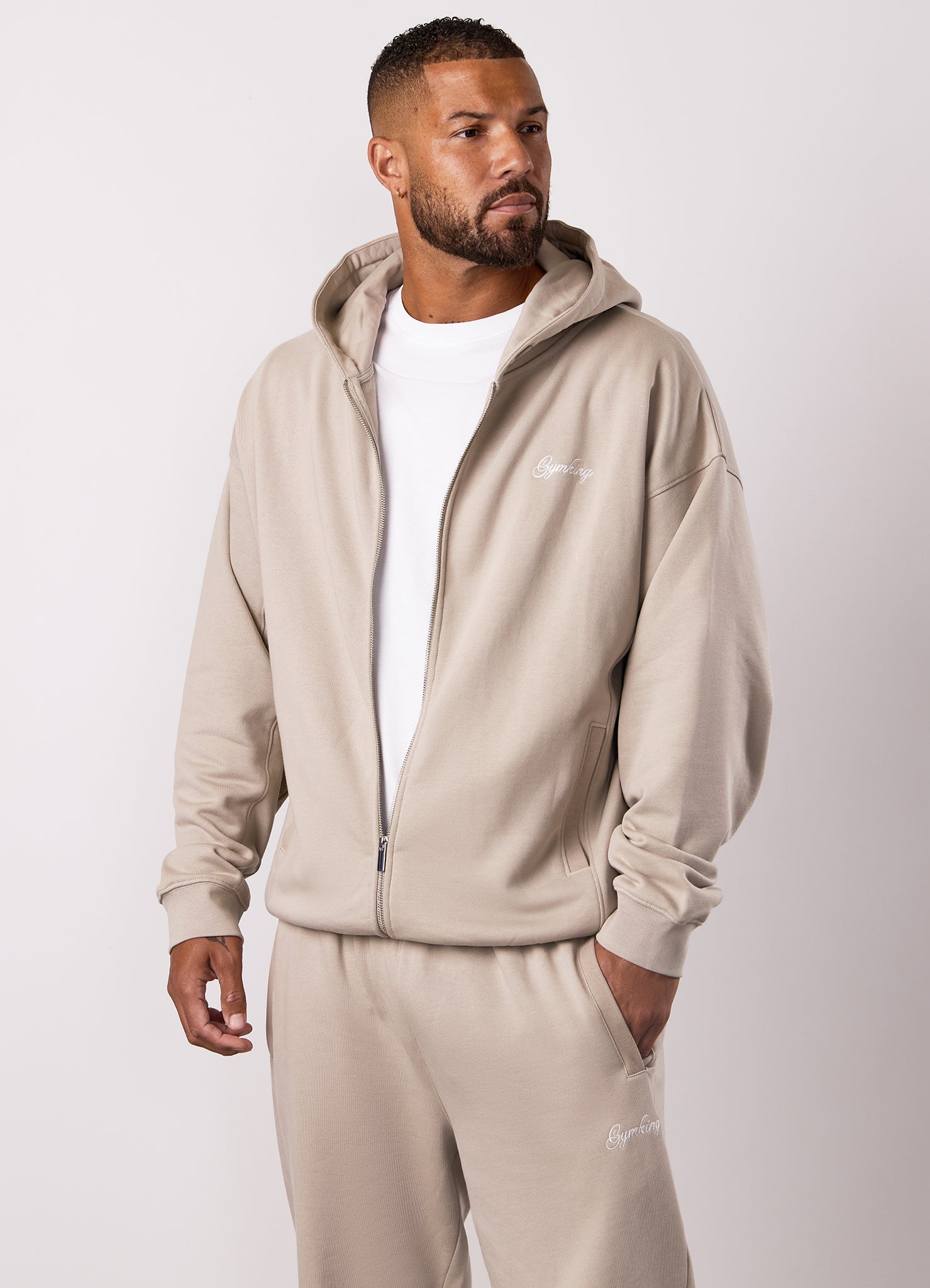 Gym King Script Relaxed Fit Full Zip Hoodie - Light Sand