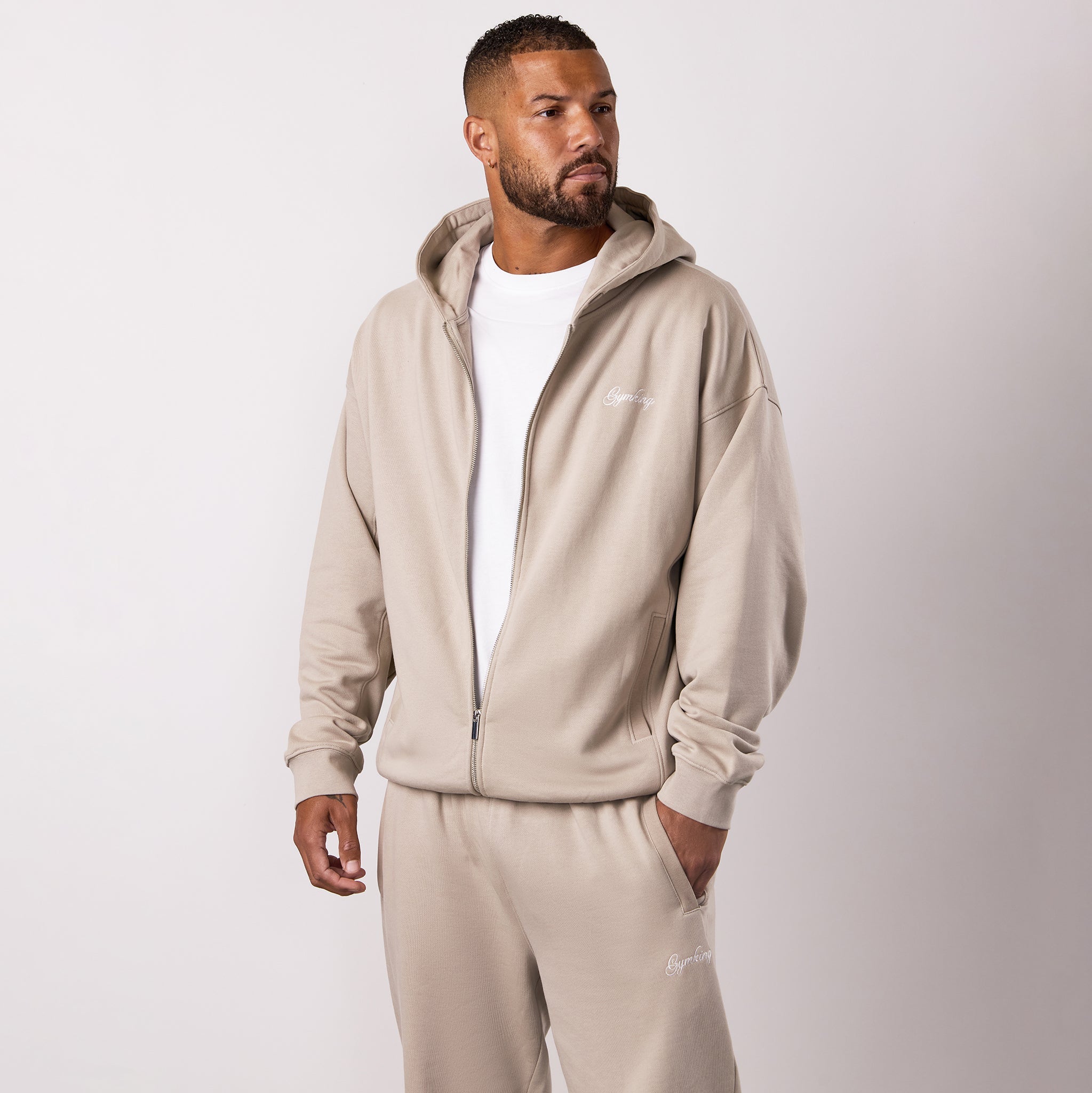Gym King Script Relaxed Fit Full Zip Hoodie - Light Sand